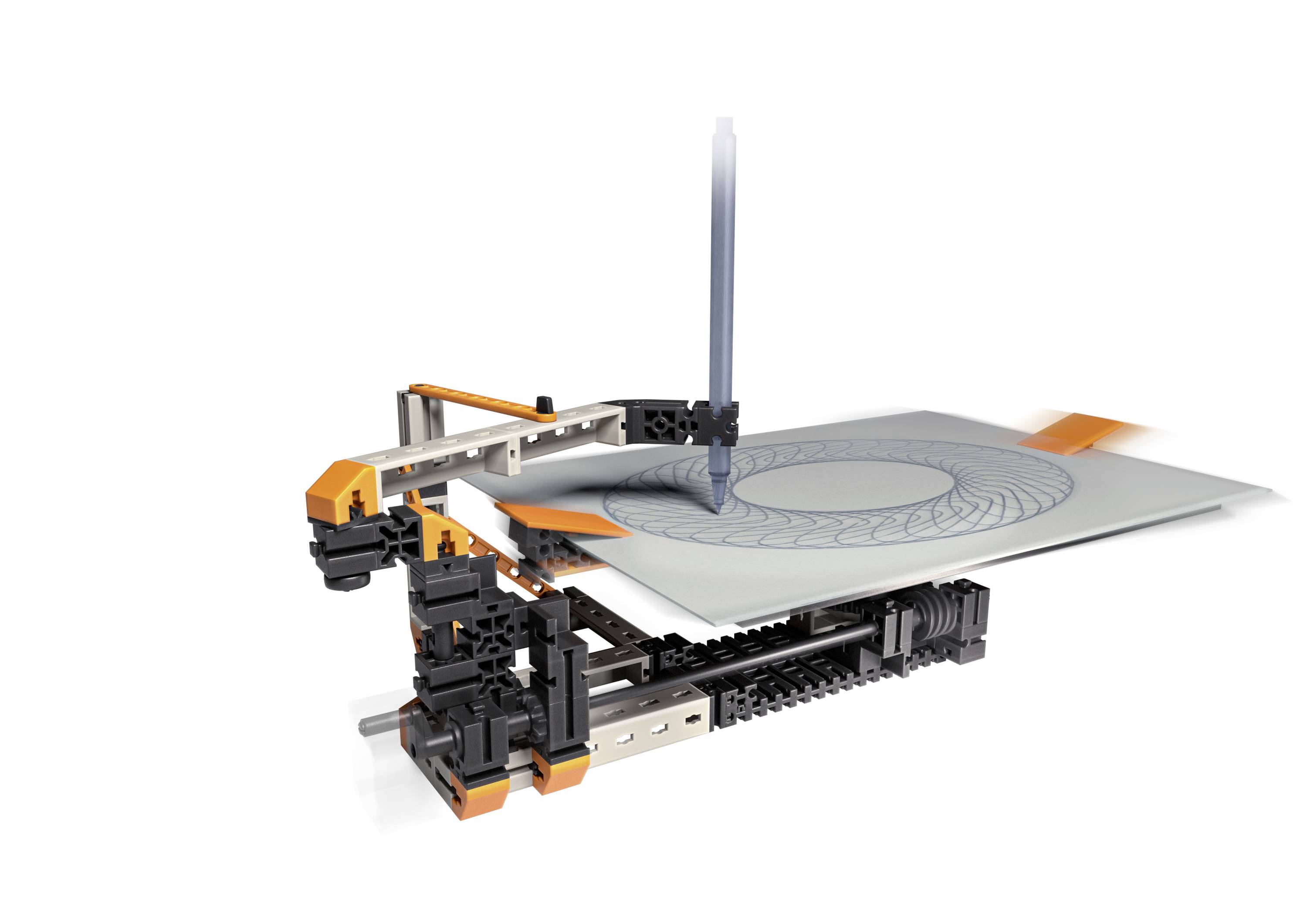 Maszyna rysuje skomplikowany wzór na papierze. Posiada pomarańczowe i czarne elementy i używa pisaka.