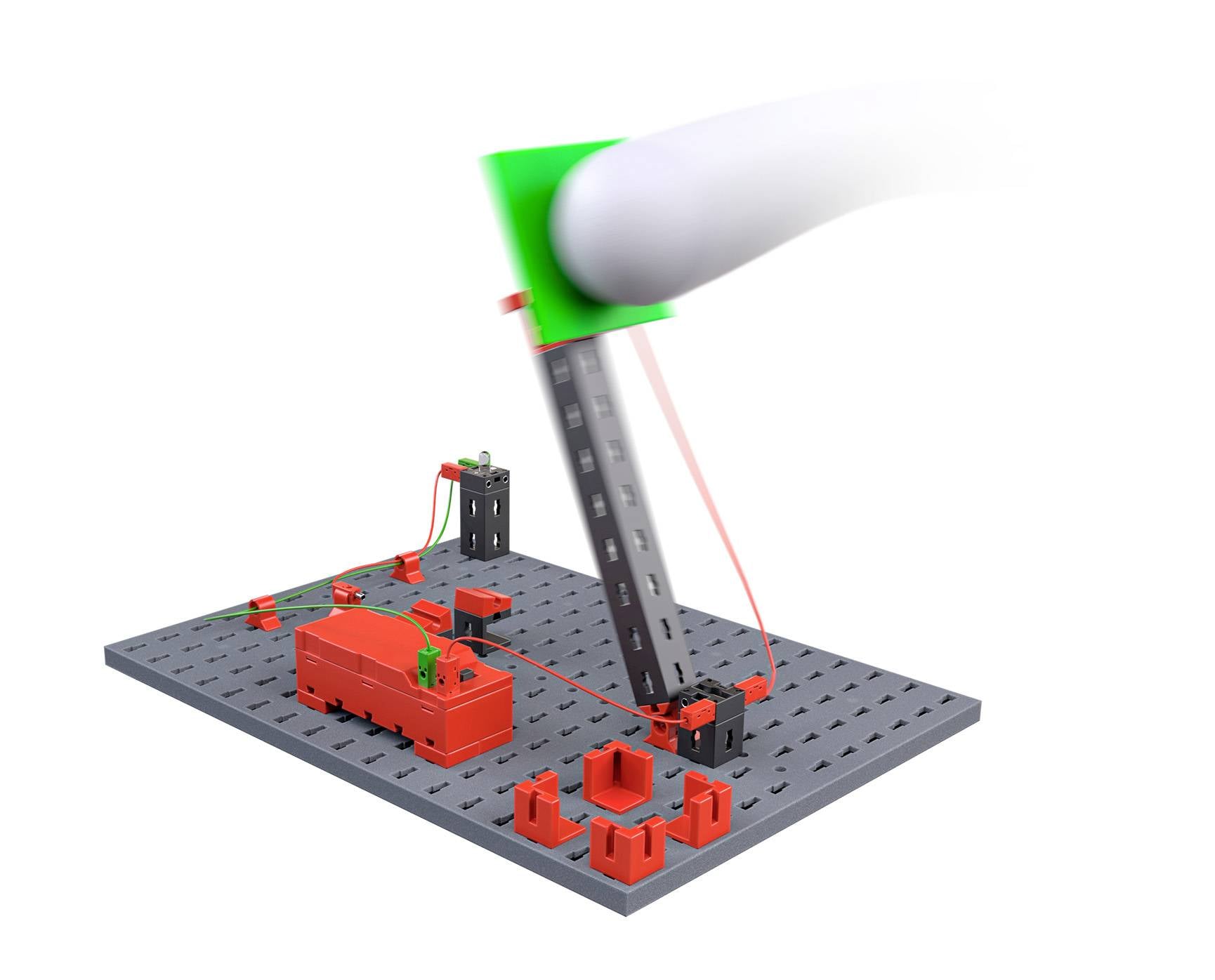 Instrukcja montażu zestawu elektronicznego: Montaż czerwonych elementów na szarym płycie montażowej przez wkładanie i przykręcanie.
