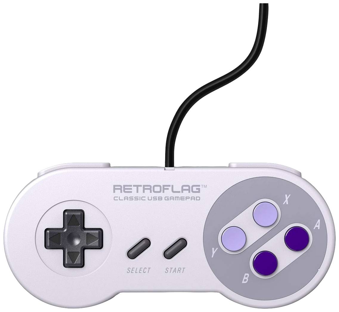 Retro gamepad z krzyżykiem sterowania po lewej stronie, czterema przyciskami po prawej stronie oraz przyciskami 'Select' i 'Start' na dole, pośrodku. Na górze przewód jest podłączony.