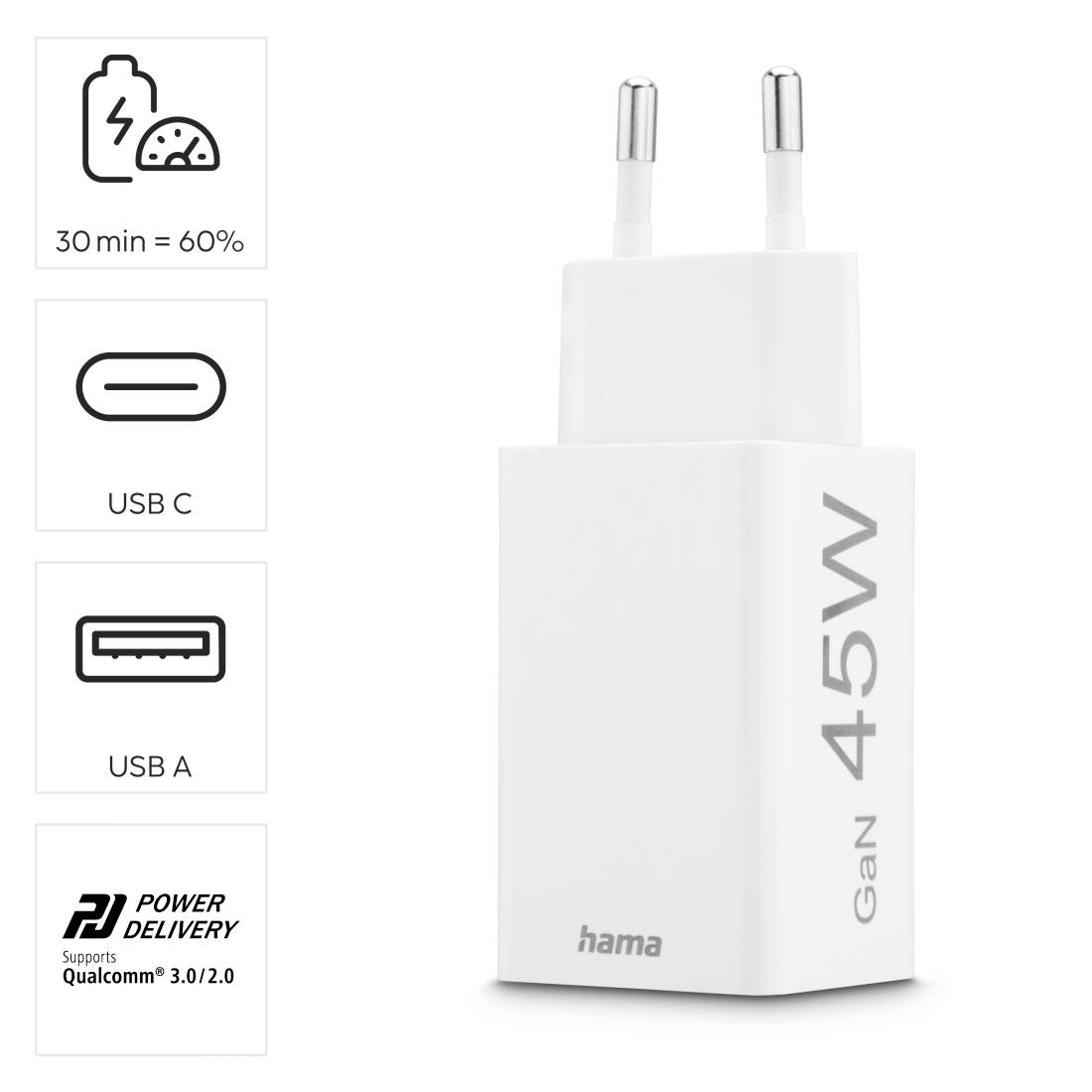 Ładowarka USB Hama o mocy 45W GaN; obsługuje USB-C, USB-A, Power Delivery, Qualcomm 3.0/2.0; 30 min = 60% naładowania.