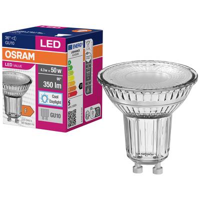 Żarówka LED marki OSRAM. Model GU10, 4,3 W odpowiednik 50 W, 350 lumenów, kąt świecenia 90°, klasa efektywności energetycznej F.