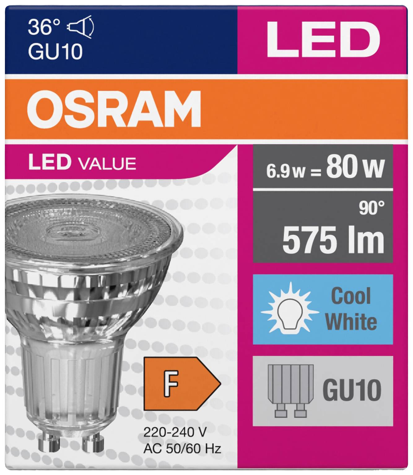 Żarówka OSRAM LED 36º GU10, 6,9W odpowiednik 80W, 575 lm, kąt świecenia 90°, zimna biel, klasa energetyczna F, 220-240V AC, 50/60 Hz.