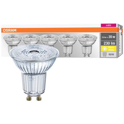 Lampa LED firmy Osram, 230 lumenów, ciepłobiała, odpowiednik 35 W. Oprawa GU10. Opakowanie zawiera pięć lamp.