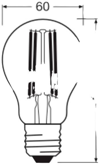 Szkic żarówki z wymiarami. Na górze: szerokość 60 mm. Oprawka E27 na dole, widoczne włókna wewnątrz.