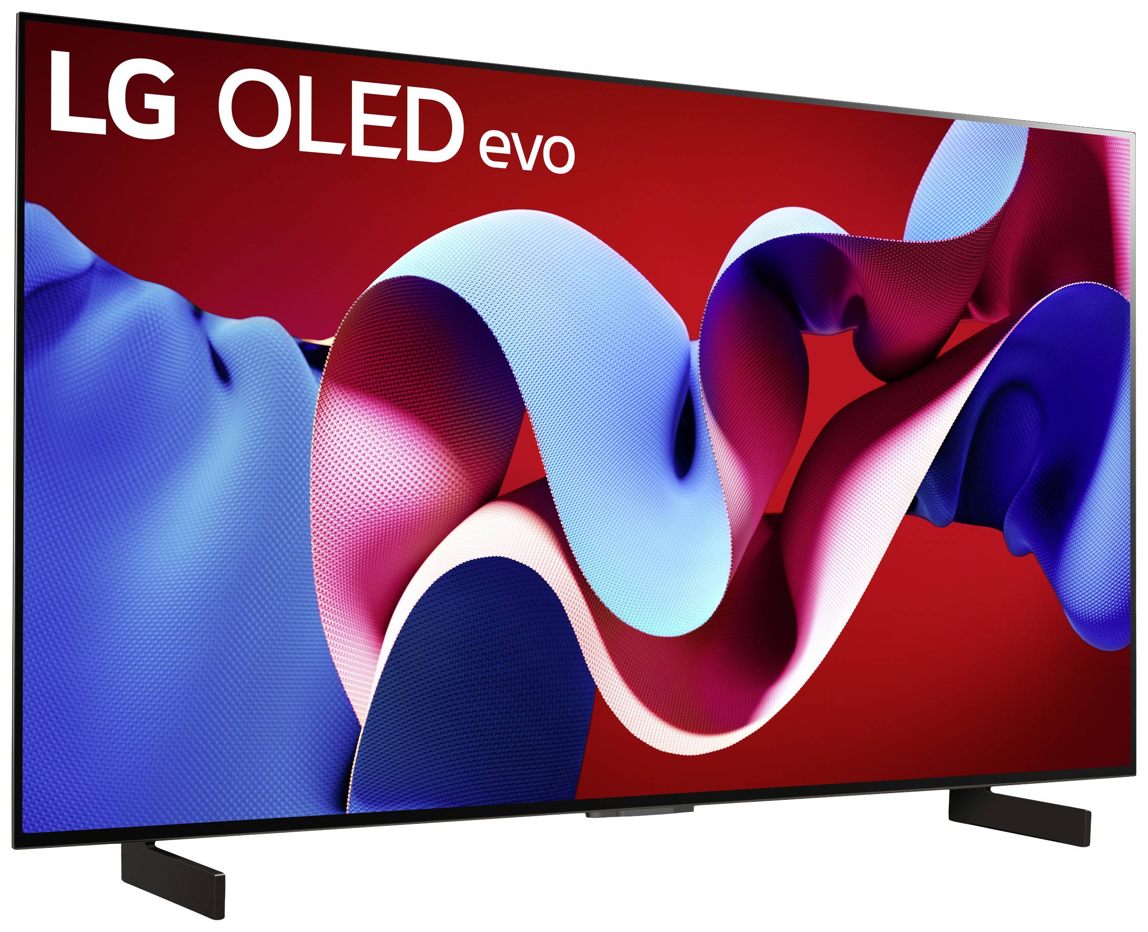 Telewizor LG OLED evo z dynamicznym czerwono-niebieskim tłem wyświetlanym na ekranie.