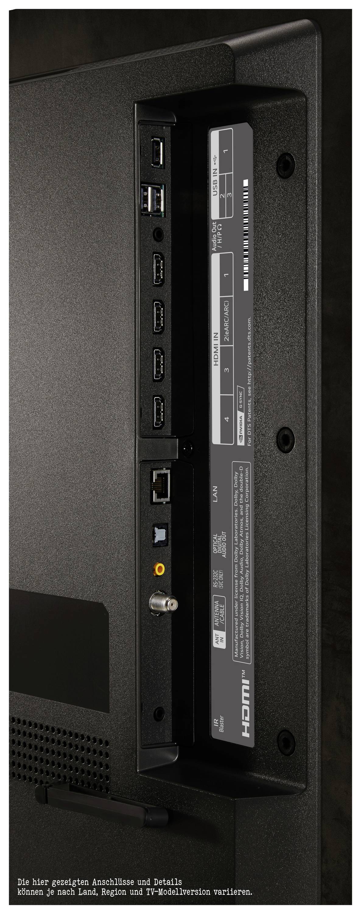 Tylna strona telewizora z widocznymi złączami HDMI, USB oraz sieciowymi, wraz ze szczegółowymi oznaczeniami rozmieszczenia poszczególnych portów.