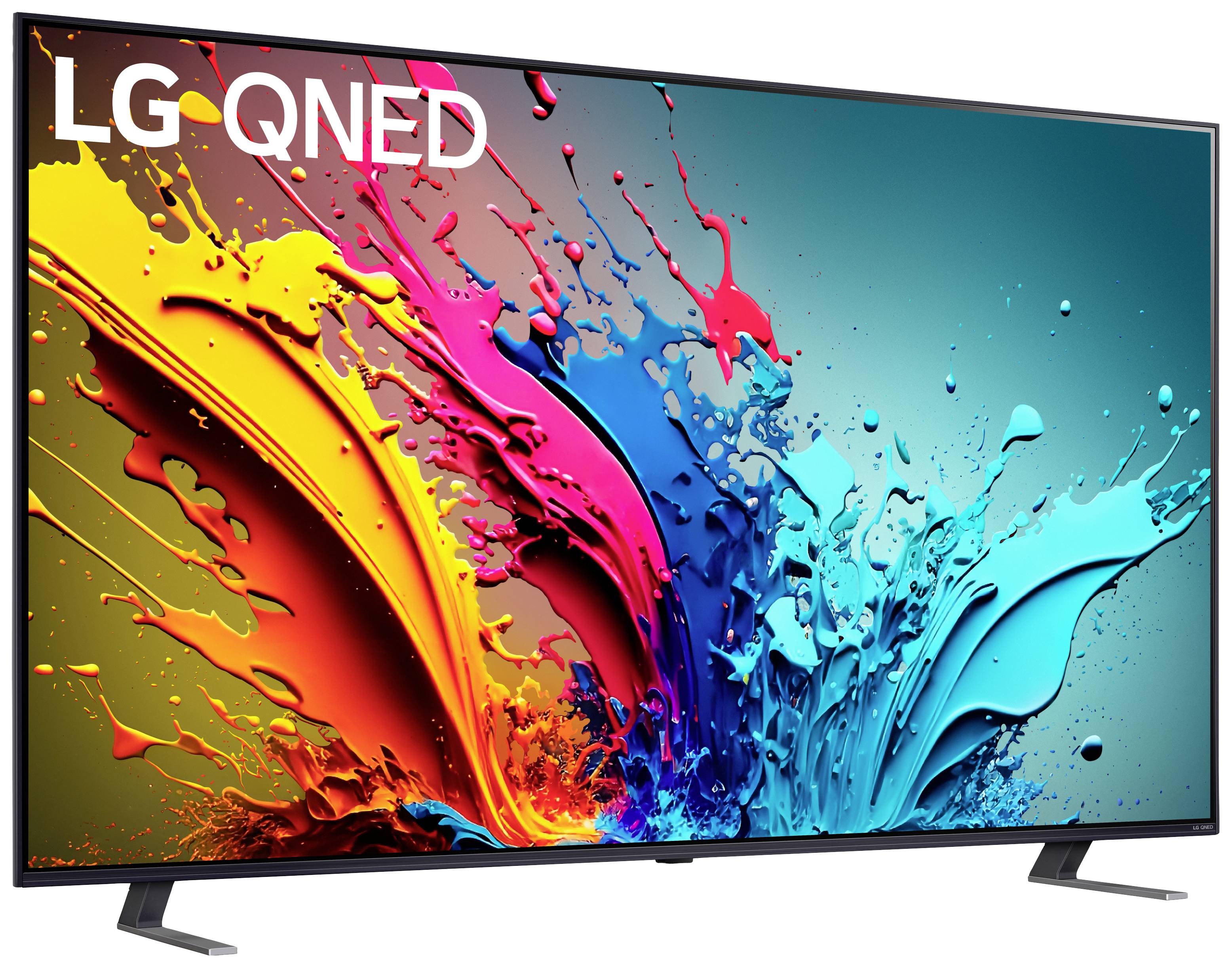 Telewizor LG QNED prezentuje żywe kolory z dynamicznym wzorem rozbryzgu w kolorach czerwonym, różowym, niebieskim i turkusowym na czarnej ramce.