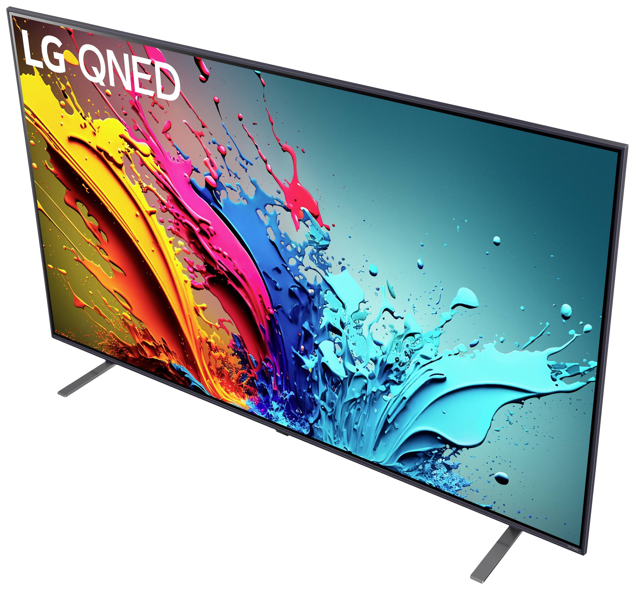 Telewizor marki LG z technologią QNED, prezentujący kolorowe efekty na ekranie.