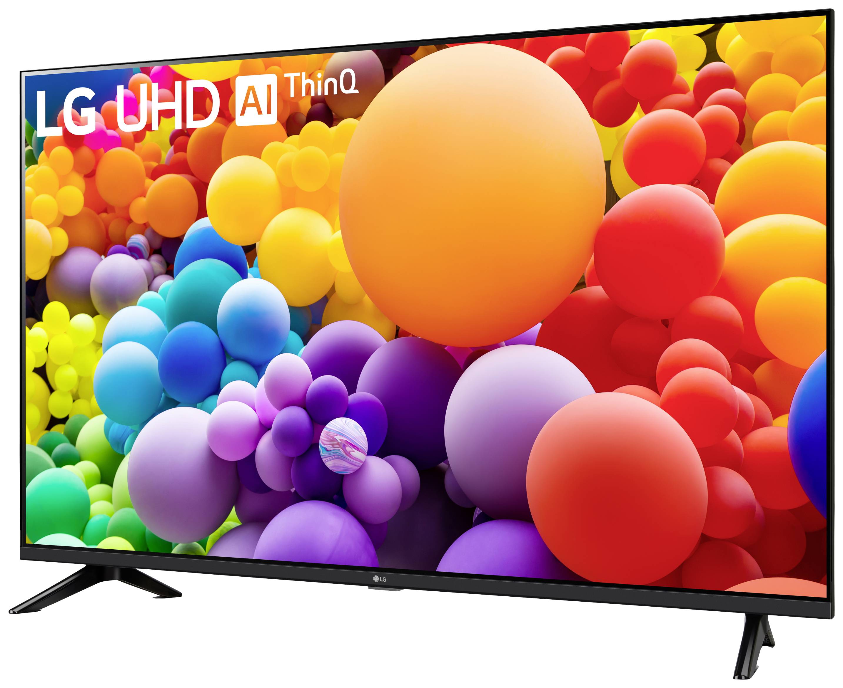 Płaski telewizor z kolorowymi balonami na ekranie oraz napisem 'LG UHD AI ThinQ' w górnym rogu.