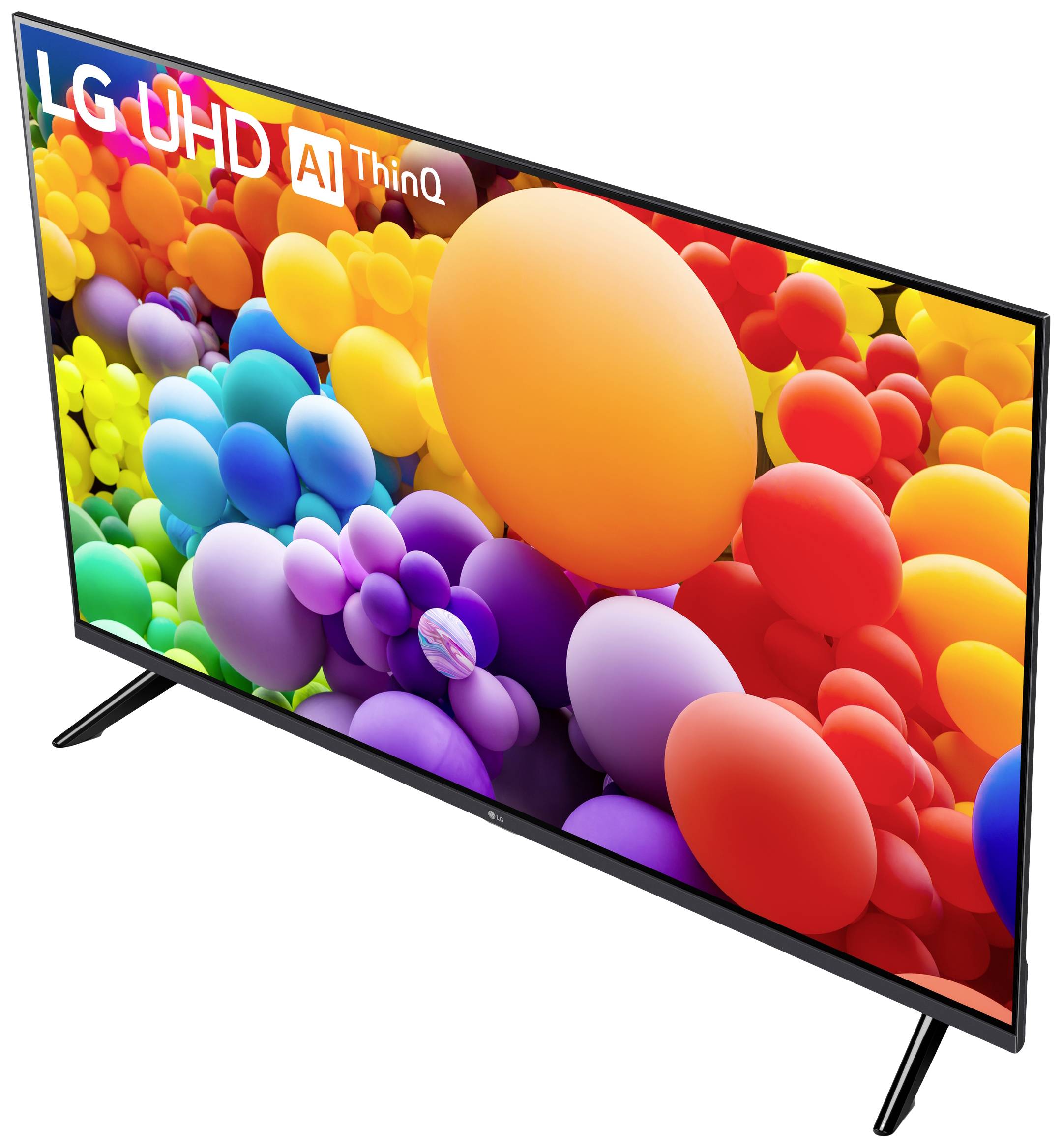 Telewizor z ekranem pełnym kolorowych balonów. W lewym górnym rogu widnieje napis 'LG UHD AI ThinQ'.