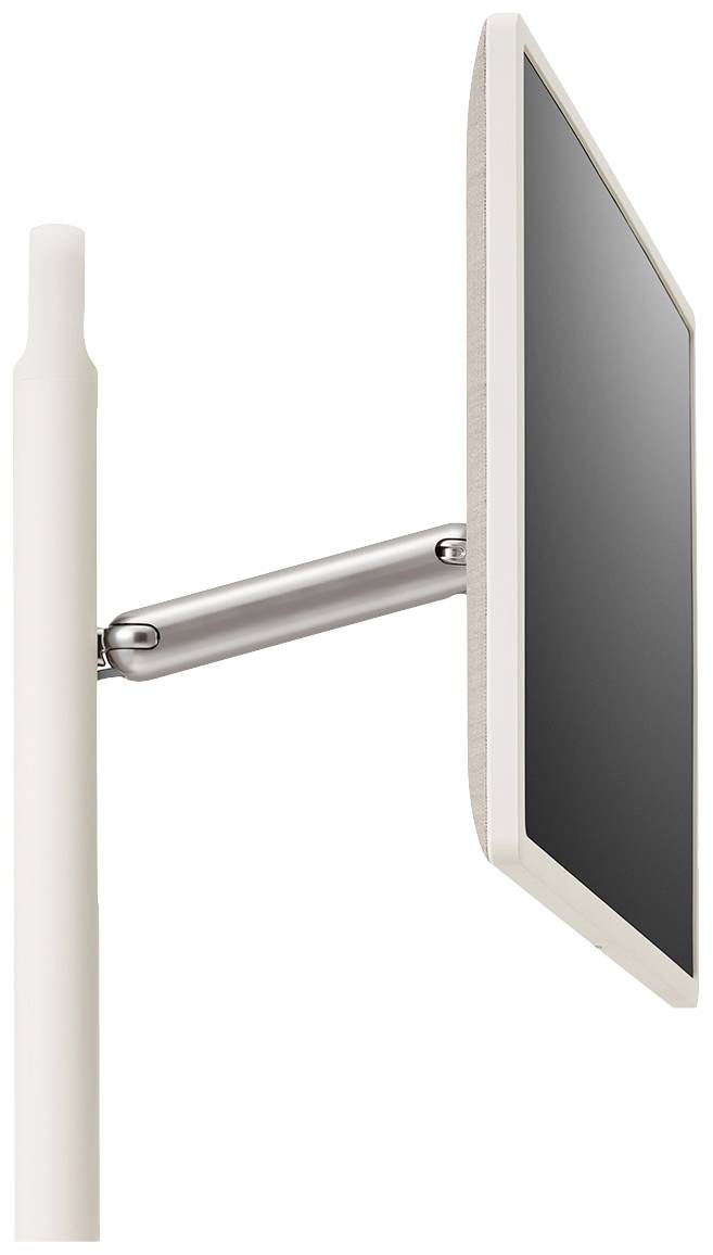 Biały ekran jest zamocowany na smukłym metalowym ramieniu, które wyrasta z pionowego białego słupa.