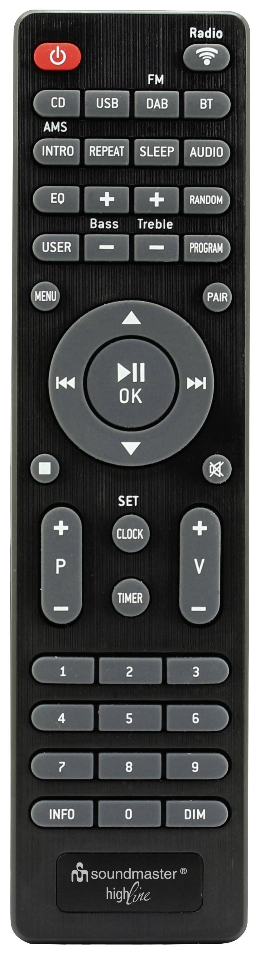 Czarna pilot ze sterowaniem funkcji audio, z przyciskami takimi jak 'Odtwarzaj', 'Pauza', 'Głośniej' i 'Ciszej'.