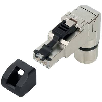 Wtyk RJ45 z metalową obudową i czarną osłoną; odpowiedni do połączeń ethernetowych w instalacjach sieciowych.