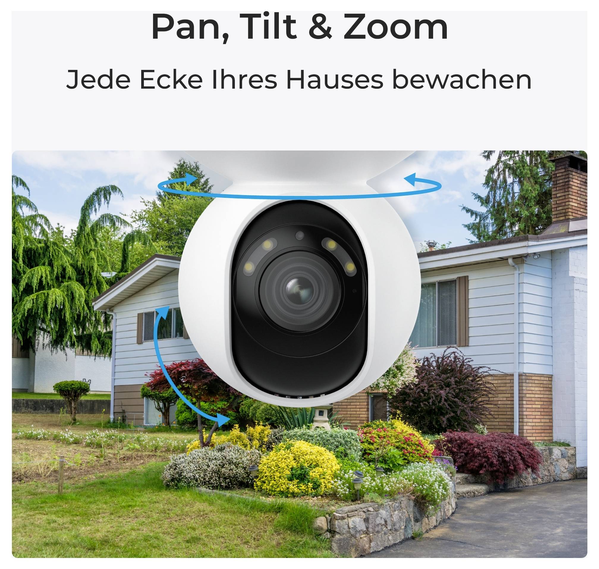 Kamera 'Pan, Tilt & Zoom' w ogrodowym otoczeniu, ilustrująca nadzór na wolnym powietrzu z tekstem 'Strzeż każdego kąta twojego domu.'