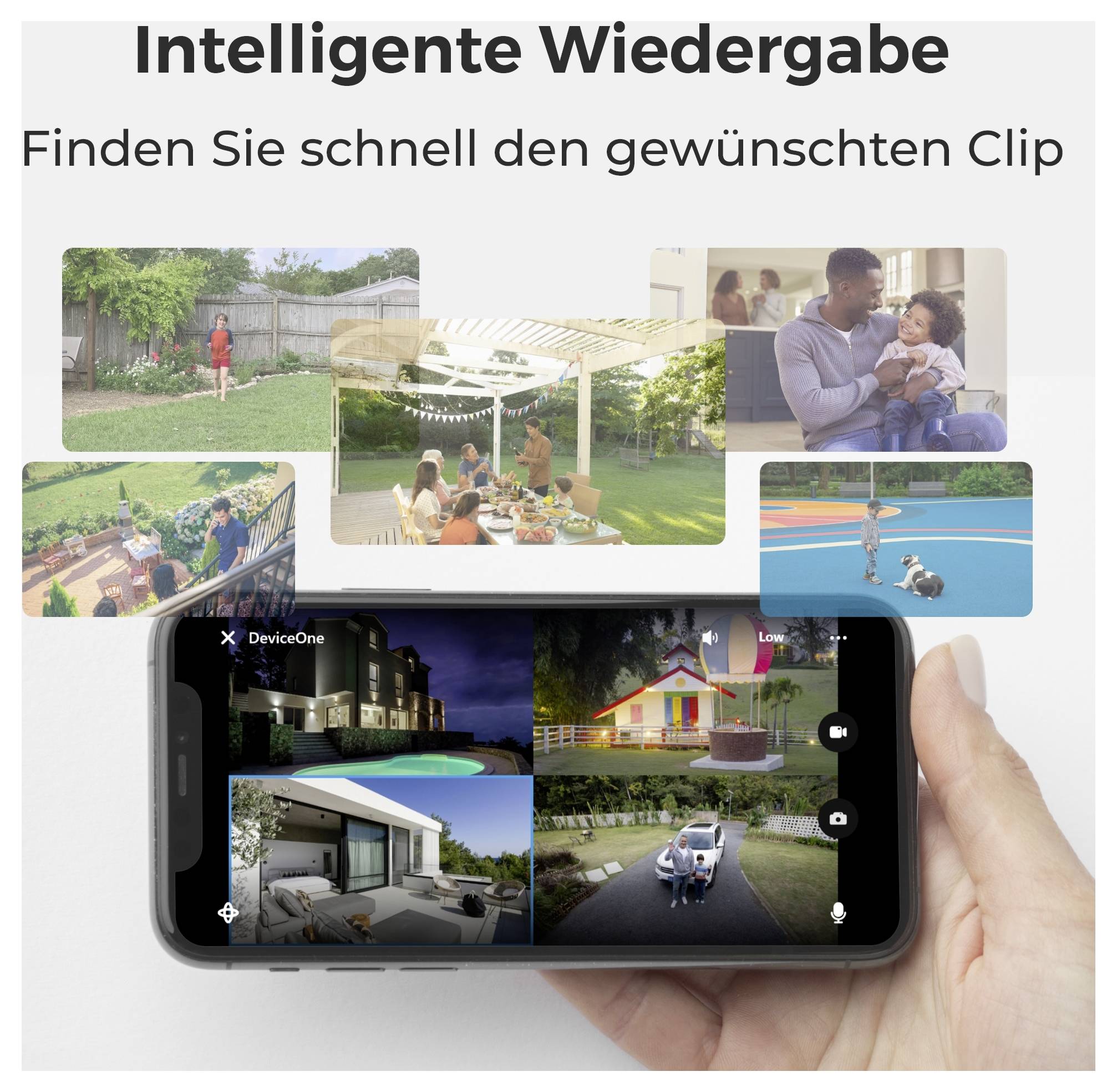 Funkcja „Inteligentne odtwarzanie" pokazuje telefon wyświetlający krótkie klipy wideo, podkreślając łatwy dostęp do pożądanych nagrań.