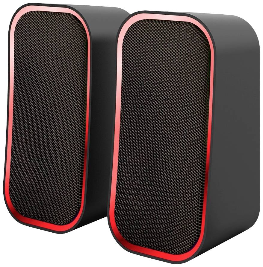 Dwa czarne głośniki z czerwoną obwódką, ustawione obok siebie. Nowoczesny, kanciasty design podkreśla zaawansowaną technologię i stylistykę.