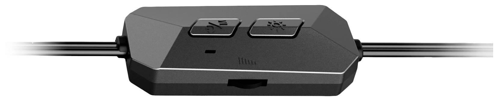 Mała czarna pilot zdalnego sterowania z dwoma przyciskami do różnych ustawień. Kable wychodzą w lewo i w prawo.