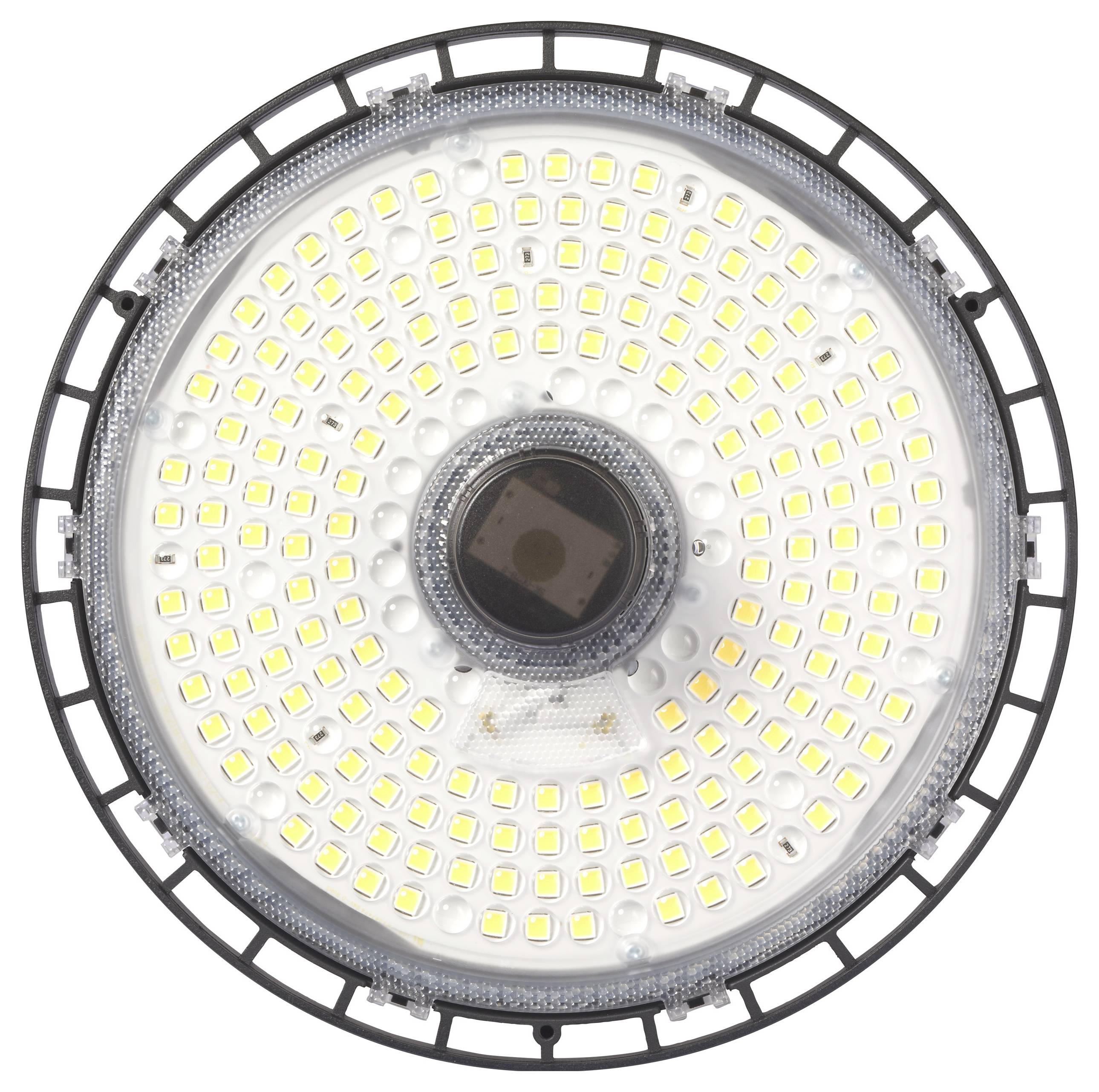 Lampa LED w obudowie o kształcie koła z wieloma małymi, żółtymi diodami świecącymi.
