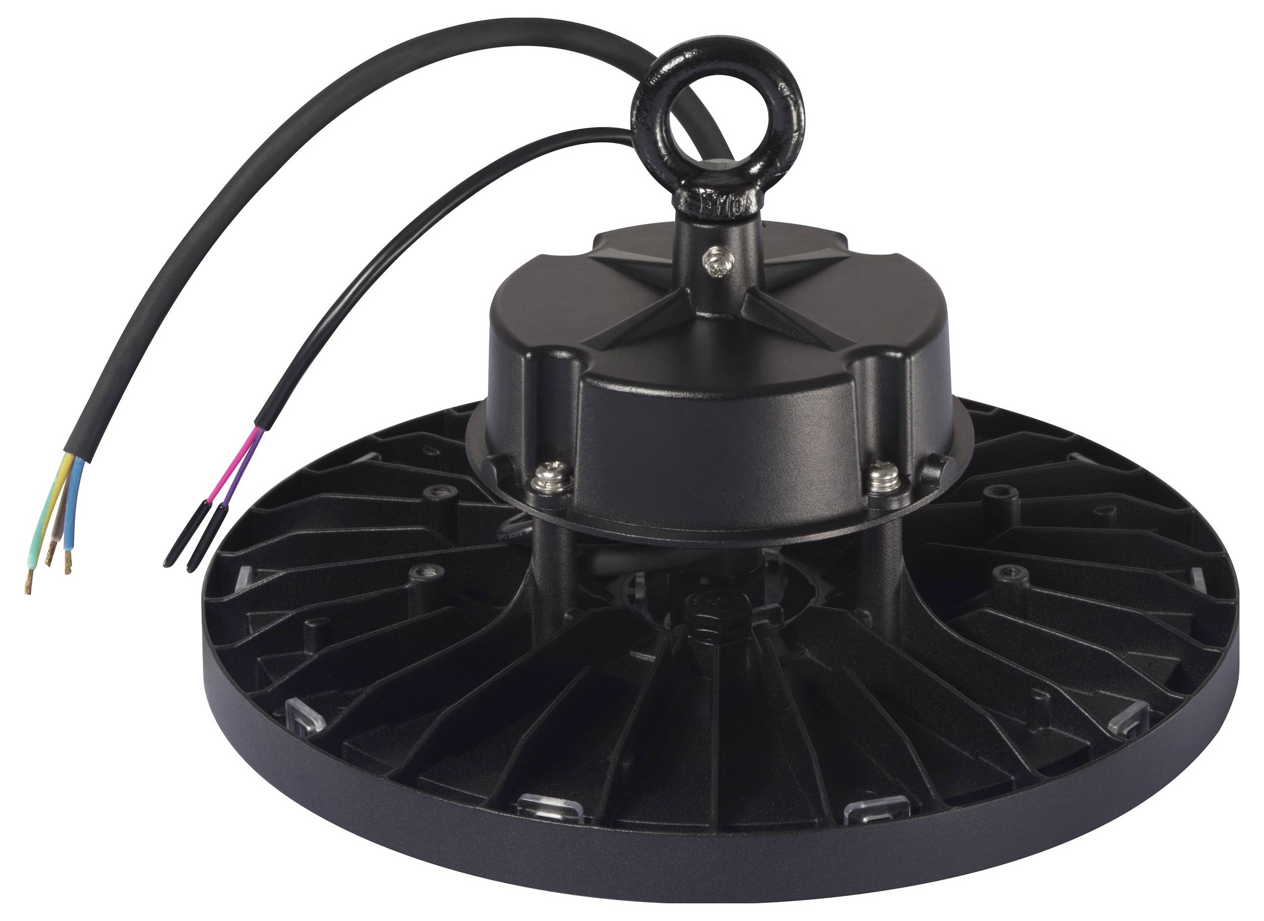 Przemysłowa lampa z okrągłą obudową i trzema wychodzącymi kablami do podłączenia elektrycznego, idealna do dużych przestrzeni wewnętrznych.