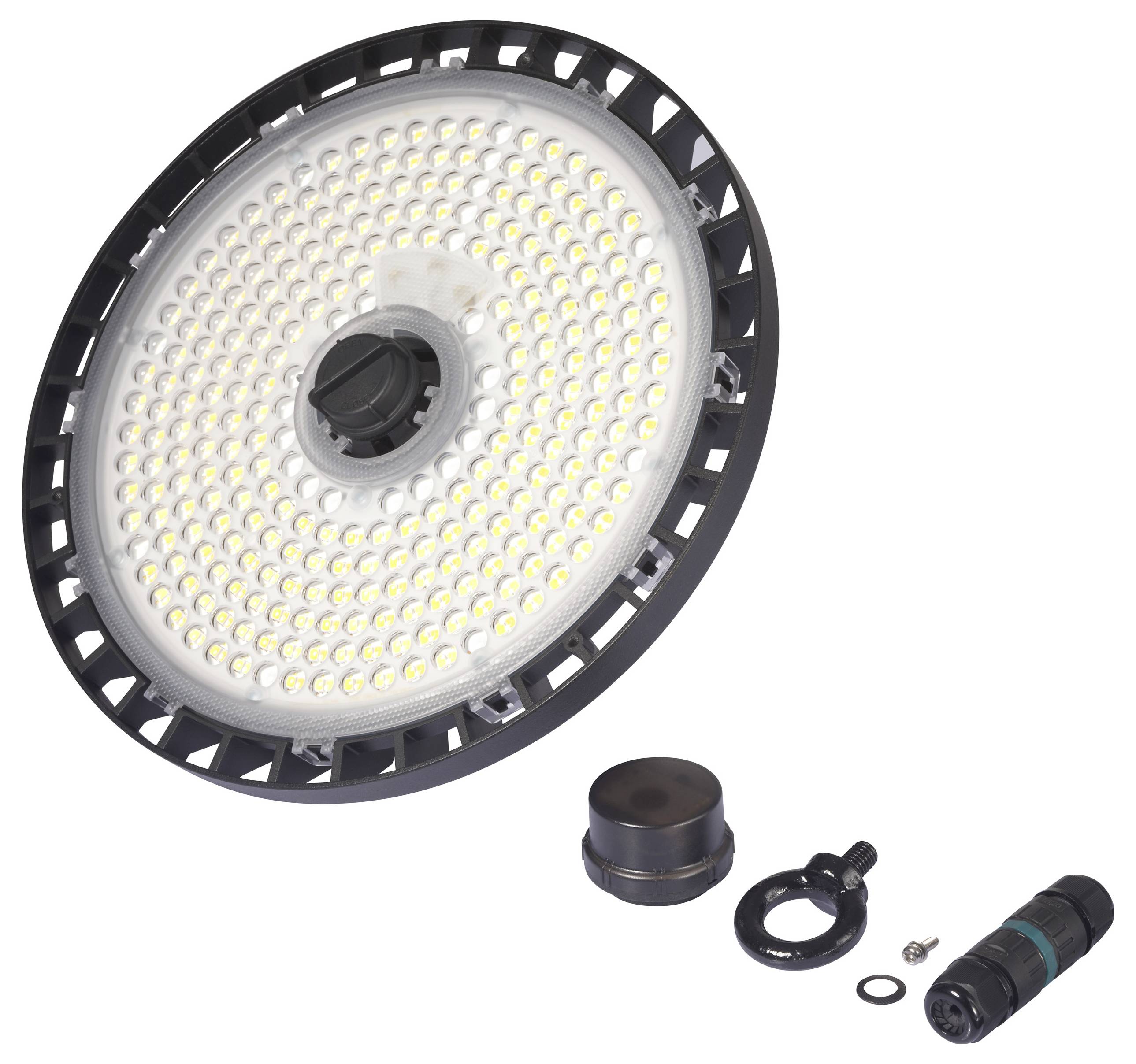 Lampa przemysłowa z okrągłą płytką LED, czarną obudową i demontowanymi elementami na białym tle.