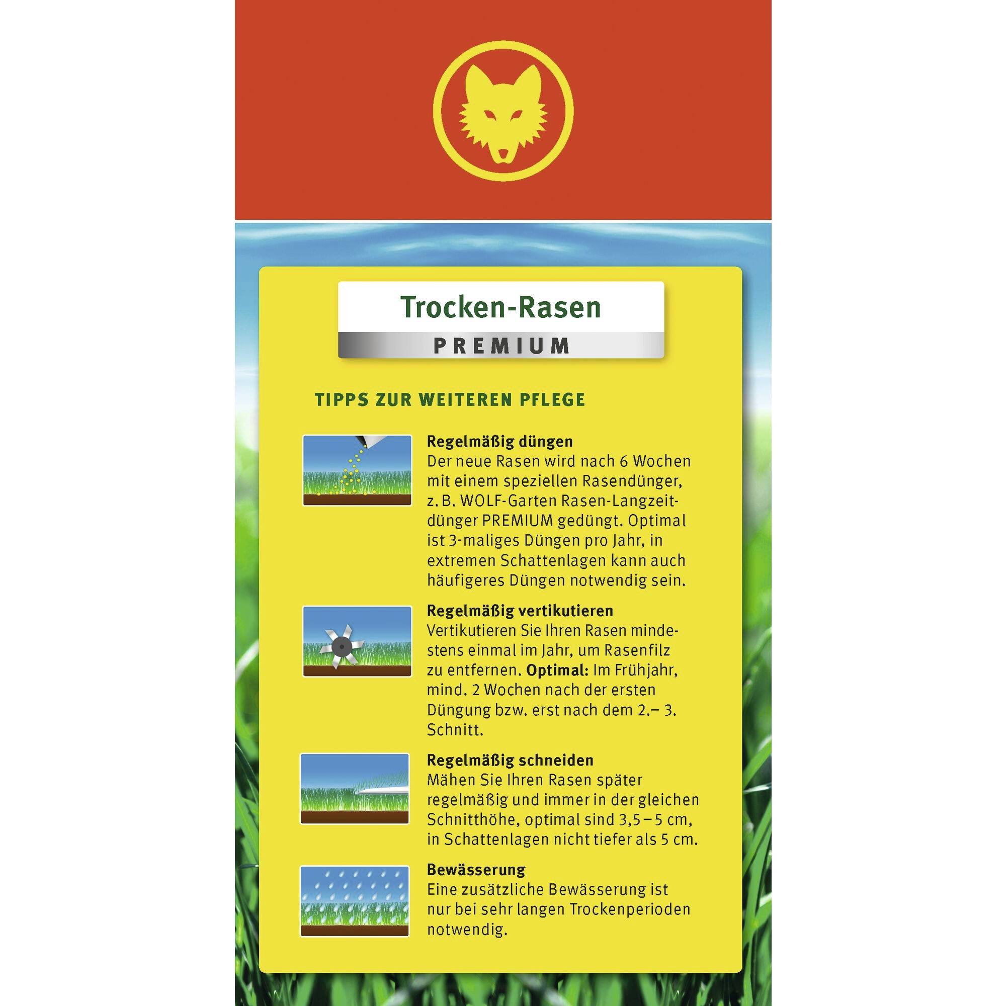 Instrukcja pielęgnacji 'Trocken-Rasen Premium' z wskazówkami: nawożenie co 6 tygodni, wertykulacja, regularne koszenie, dodatkowe nawadnianie.