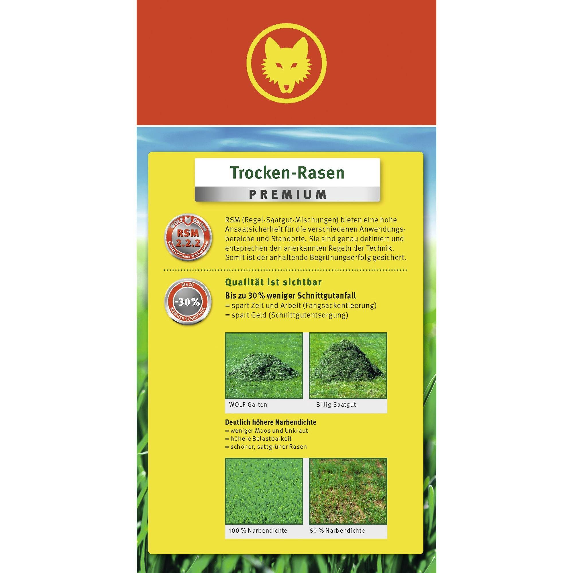 'Trawnik Premium Suchy'. Mniejsza ilość skoszonej trawy, gęsty darń. Odpowiedni dla ubogich gleb. Nasiona RSM oferują wysoką atrakcyjność.