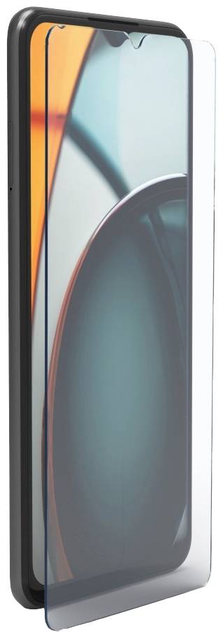 Smartfon z nałożoną folią ochronną na ekranie. Wyświetlacz przedstawia abstrakcyjne, kolorowe kształty.