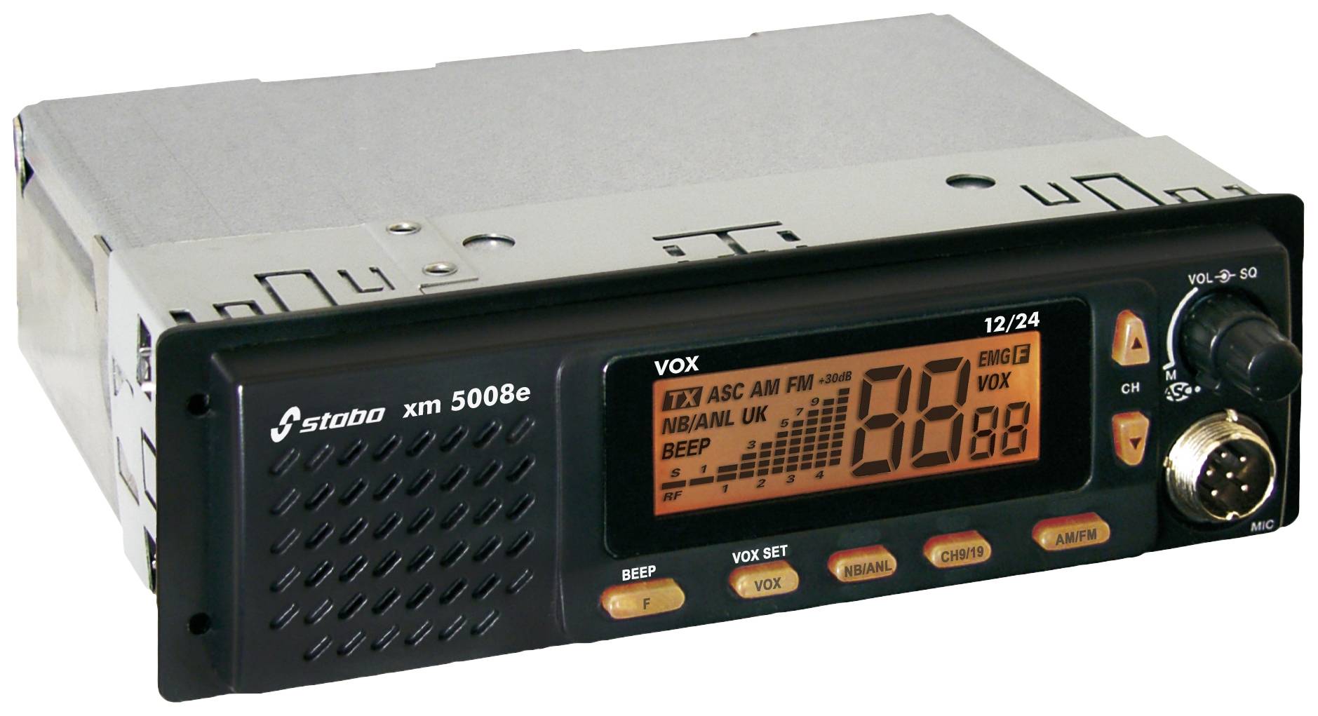 Radiotelefon z wyświetlaczem prezentuje kanały i ustawienia. Na przedniej stronie znajdują się przyciski głośności, wyboru kanału oraz nadawania.