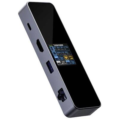 Czarny przenośny adapter z wieloma portami i małym wyświetlaczem pokazującym informacje techniczne.