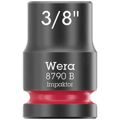Czarny nasadowy klucz udarowy z czerwonym pierścieniem, oznaczony '3/8"' oraz 'Wera 8790 B Impaktor', przeznaczony jest do dokręcania elementów z wysokim momentem obrotowym.