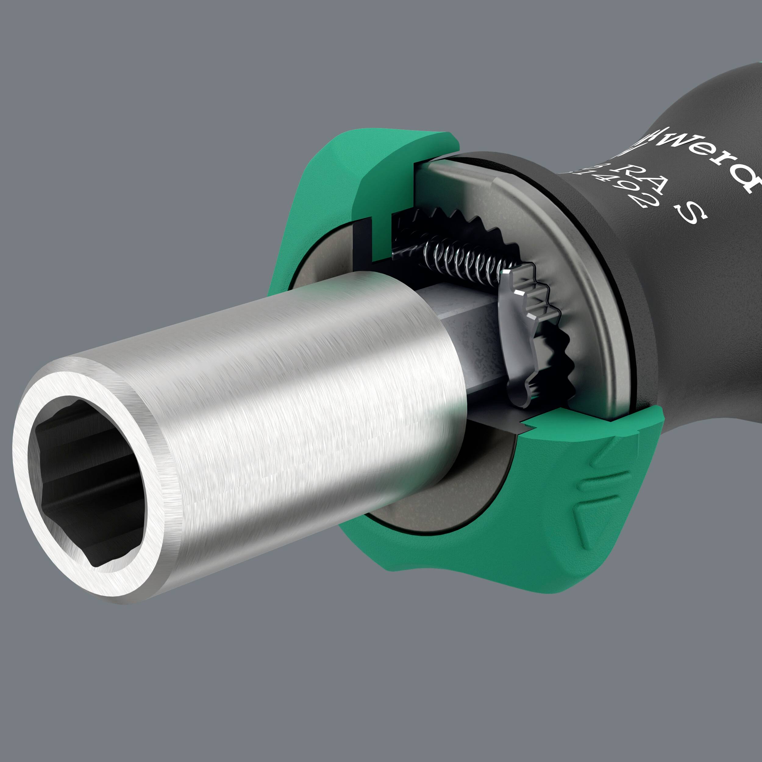 Wkrętak z zielonym uchwytem i zintegrowanym uchwytem na bit, przystosowany do przyjęcia sześciokątnego bitu.