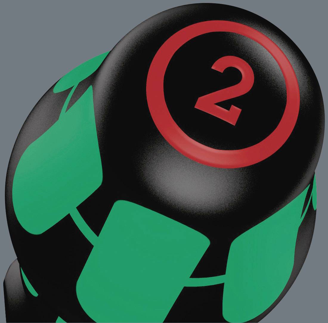 Czarny uchwyt z czerwonym kołem i cyfrą '2', otoczony stylizowanymi zielonymi liśćmi.
