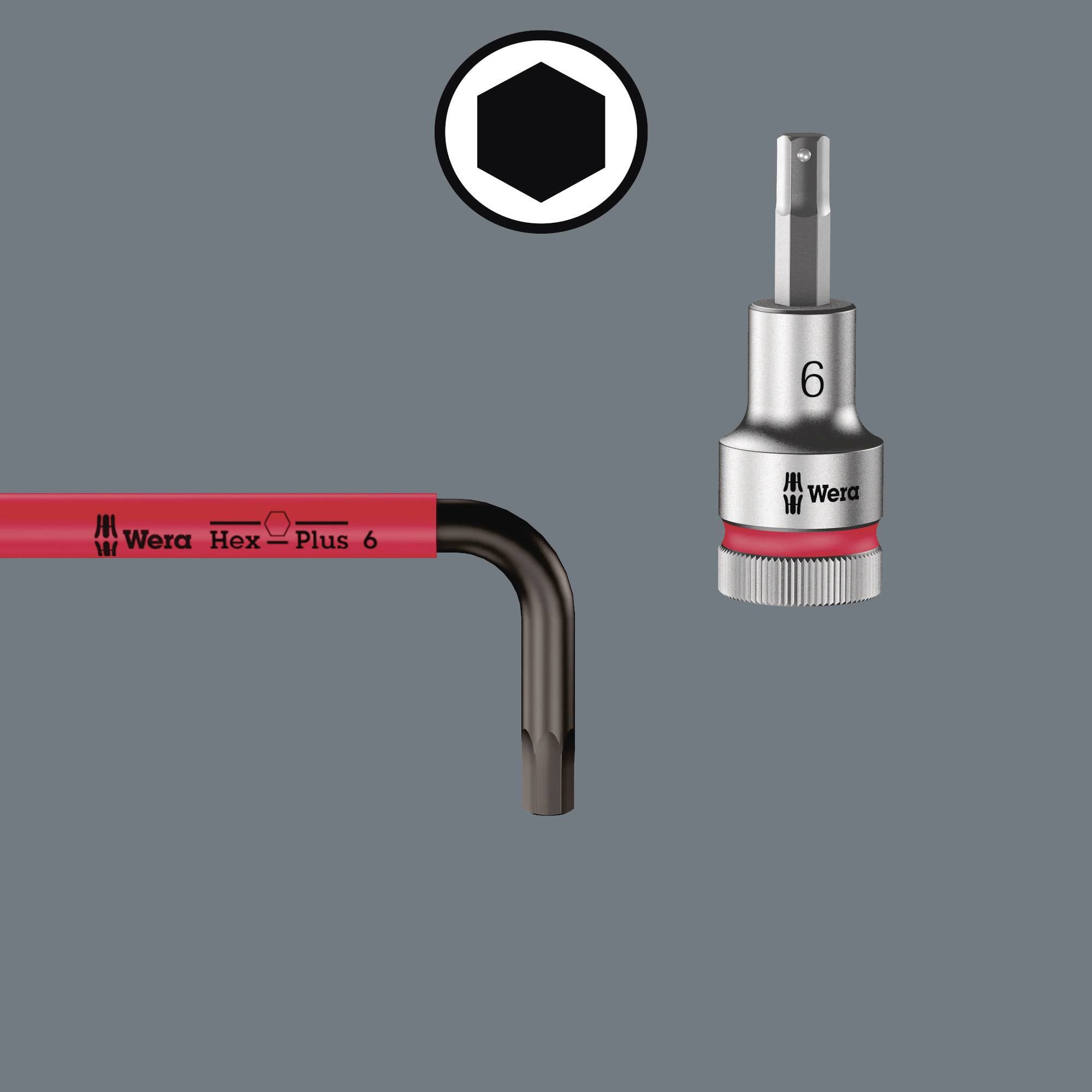 Sześciokątny klucz L i bit sześciokątny o rozmiarze 6 mm, oba firmy Wera, na szarym tle.