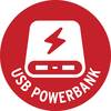 Czerwone koło z symbolem powerbanku i błyskawicy. Tekst w kole: 'POWERBANK USB'.