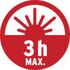 Czerwony symbol ze stylizowanym słońcem i promieniami. Poniżej napis '3h MAX.' na białym tle.