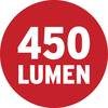 Czerwony okrąg z białym tekstem: '450 LUMENÓW', opisujący jasność światła.