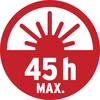 Czerwony symbol z wystyalizowanym słońcem i tekstem '45 h MAX.', wskazujący maksymalne narażenie na promieniowanie słoneczne wynoszące 45 godzin.