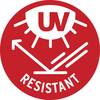 Okrągły czerwony symbol z tekstem 'ODPORNY NA PROMIENIOWANIE UV' oraz grafiką obrazującą blokowanie promieni UV, symbolizuje odporność na promieniowanie ultrafioletowe.