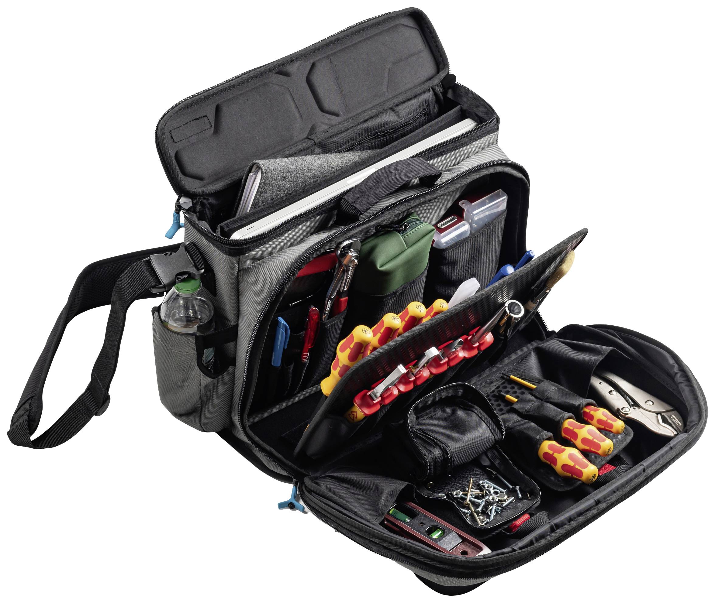 Otwarta torba na narzędzia z wieloma przegródkami, wypełniona śrubokrętami, szczypcami, notatnikiem, butelką wody i innymi narzędziami.