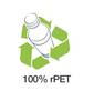 Plastikowa butelka otoczona trzema zielonymi strzałkami w symbolu recyklingu, pod spodem tekst '100% rPET'.