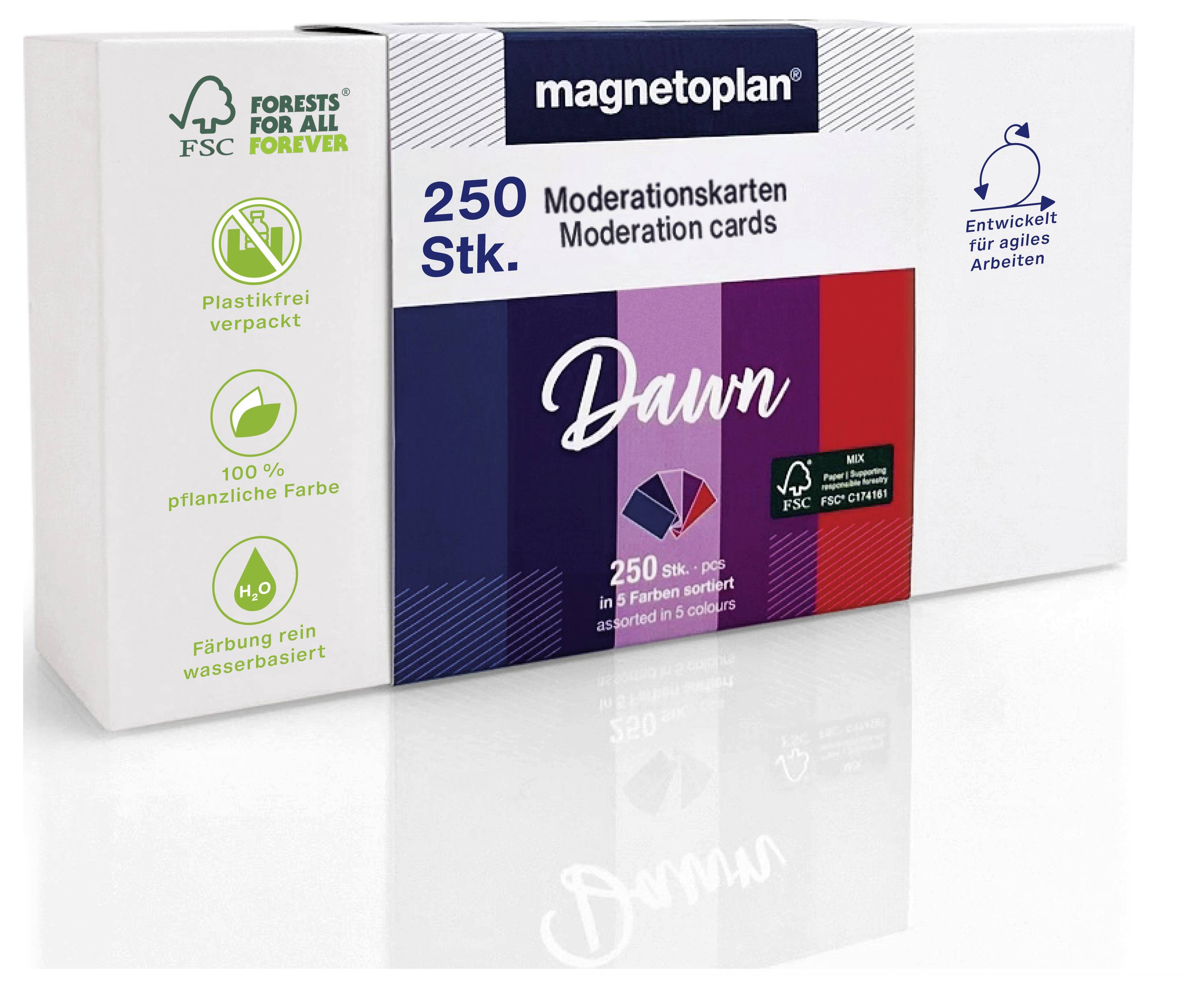 Pudełko kart do moderacji 'Magnetoplan Dawn', zawierające 250 kart w 5 kolorach. Charakterystyczne cechy to opakowanie wolne od plastiku oraz certyfikat FSC.