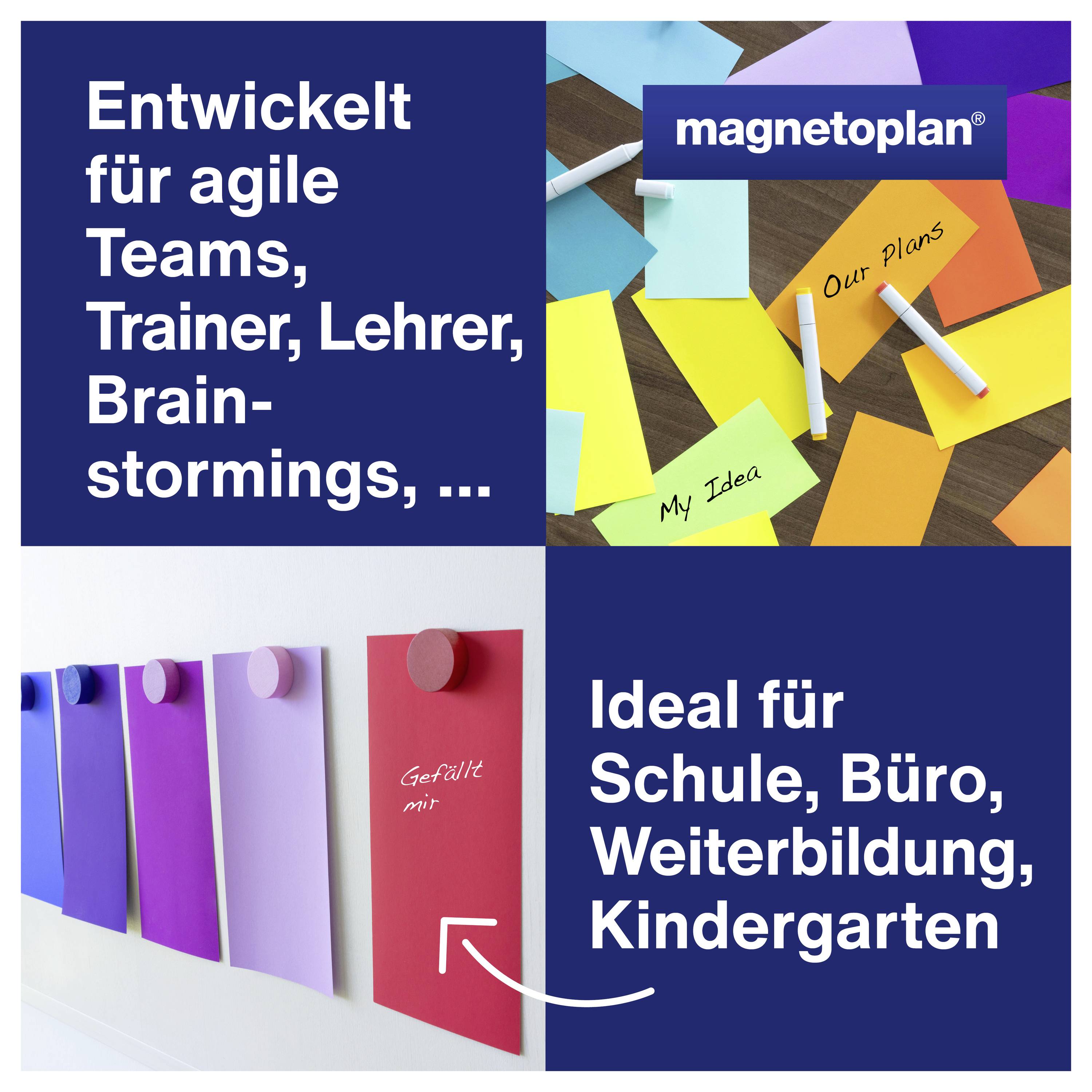 'Magnetoplan' karteczki samoprzylepne w kolorowych odcieniach dla zwinnych zespołów, trenerów i edukacji. Idealne do szkoły, biura, kształcenia ustawicznego, przedszkola.