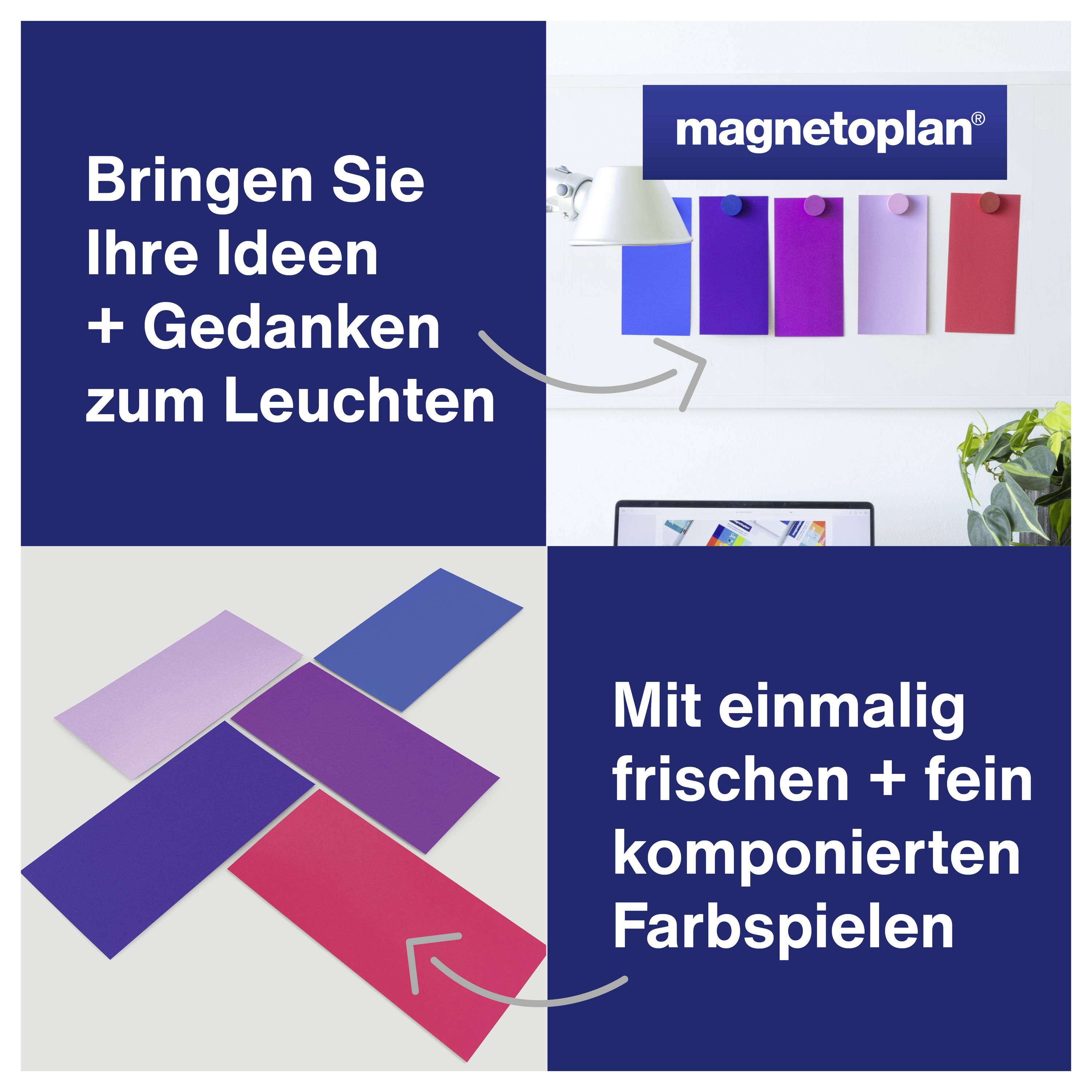 "Spraw, by Twoje pomysły i myśli rozbłysły dzięki wyjątkowym i subtelnie skomponowanym grom kolorów." Tablice magnetyczne w kolorach niebieskim, fioletowym i czerwonym.