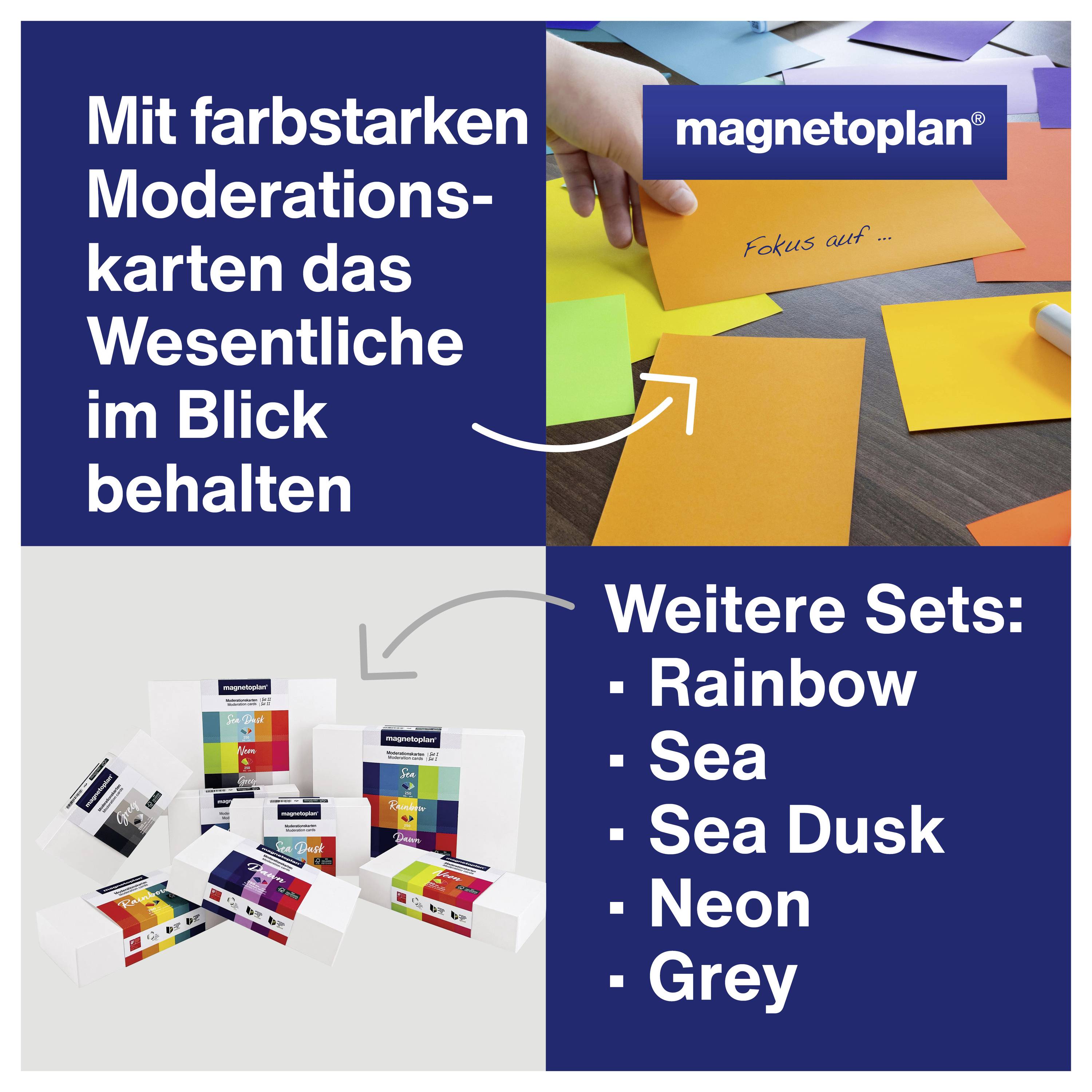 Logo 'Magnetoplan' u góry po prawej stronie. Na górze: Kolorowe karty moderacyjne, tekst: 'Zachować istotę na widoku dzięki mocno zabarwionym kartom moderacyjnym'. Na dole: Różne zestawy kart, tekst: 'Kolejne zestawy: Rainbow, Sea, Sea Dusk, Neon, Grey'.