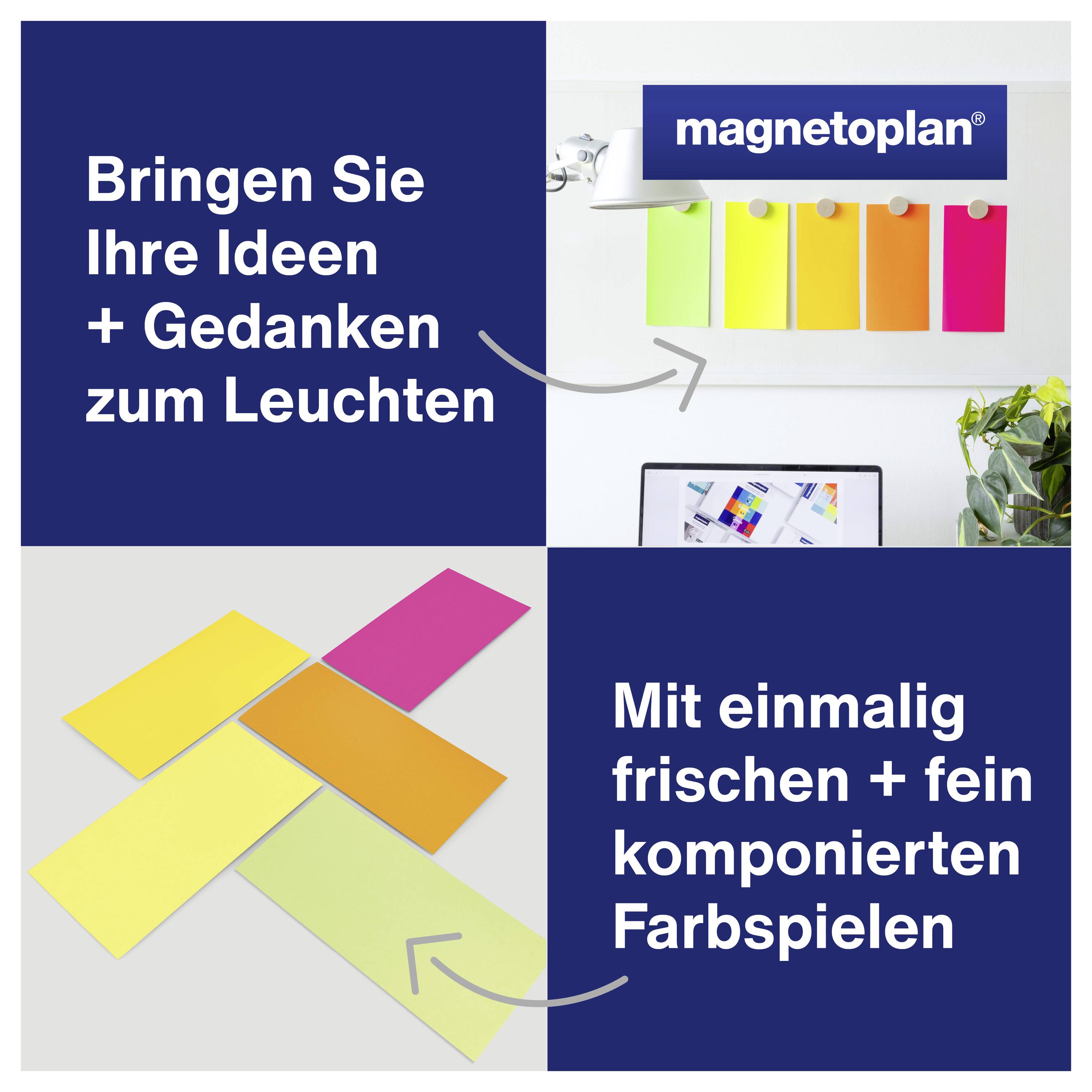 "Spraw, aby Twoje pomysły + myśli rozbłysły. Dzięki wyjątkowo świeżym + precyzyjnie skomponowanym grom kolorów." prezentuje kolorowe karteczki samoprzylepne i świecące barwy.