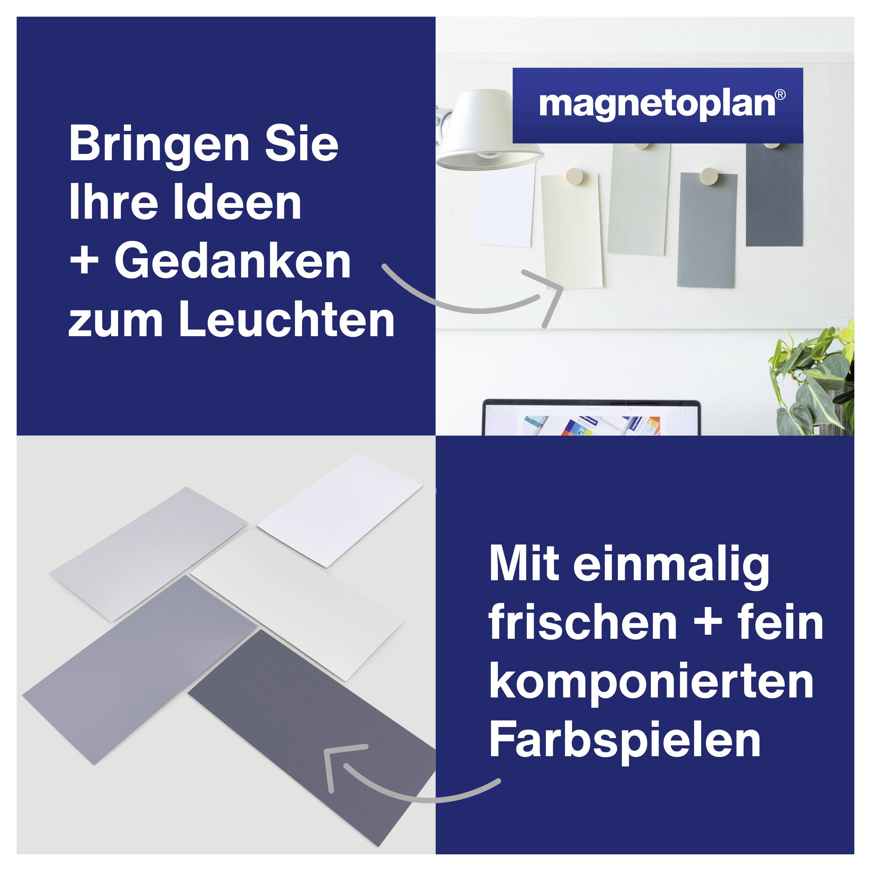 "Sprawdź, jak Twoje pomysły + myśli mogą zajaśnieć" obok próbek kolorów. "Dzięki wyjątkowym, świeżym + starannie dobranym kompozycjom barw."