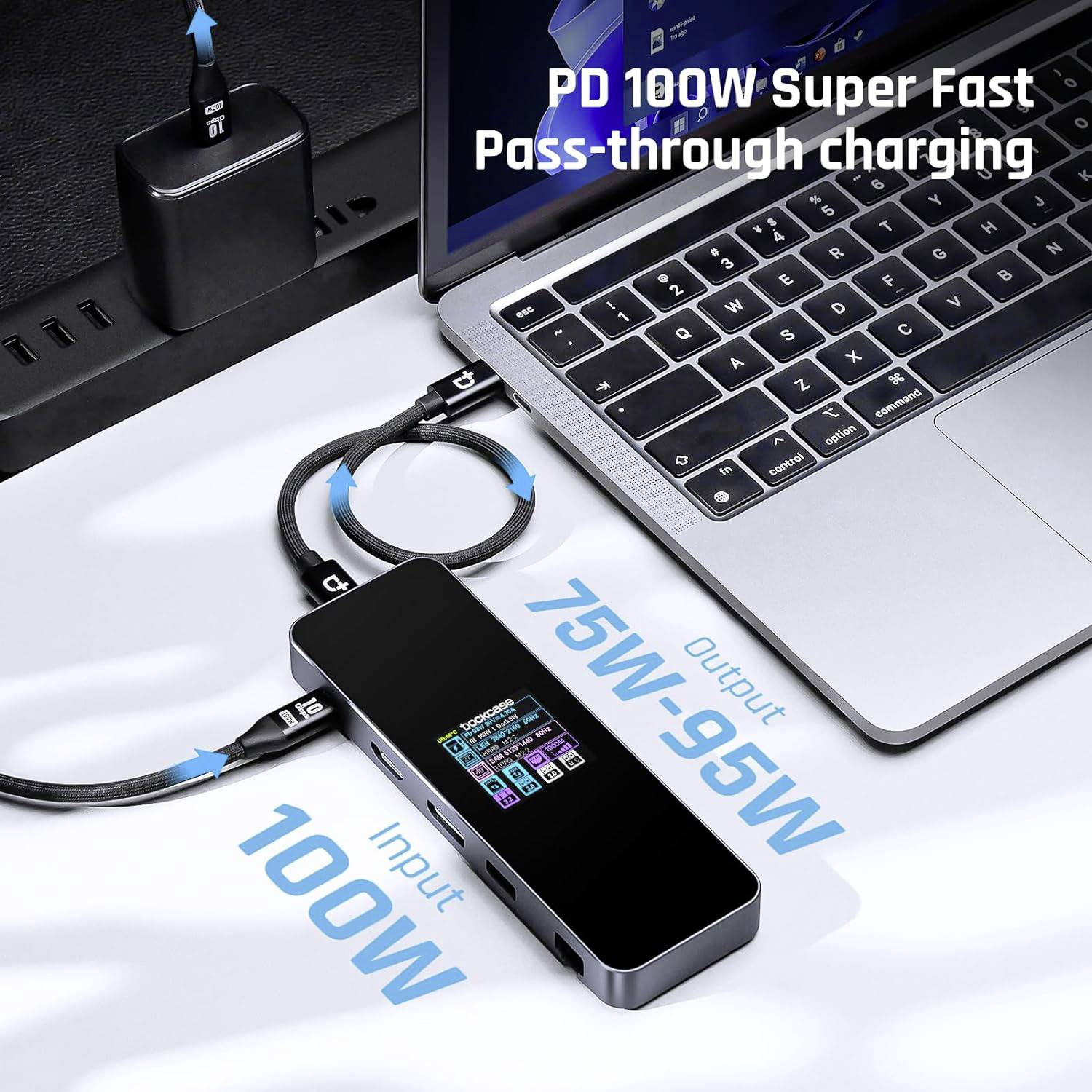 Laptop z hubem USB-C i ładowarką. Wyświetlacz pokazuje wyjście 75W-95W i wejście 100W. Tekst: PD 100W szybkie ładowanie przelotowe.