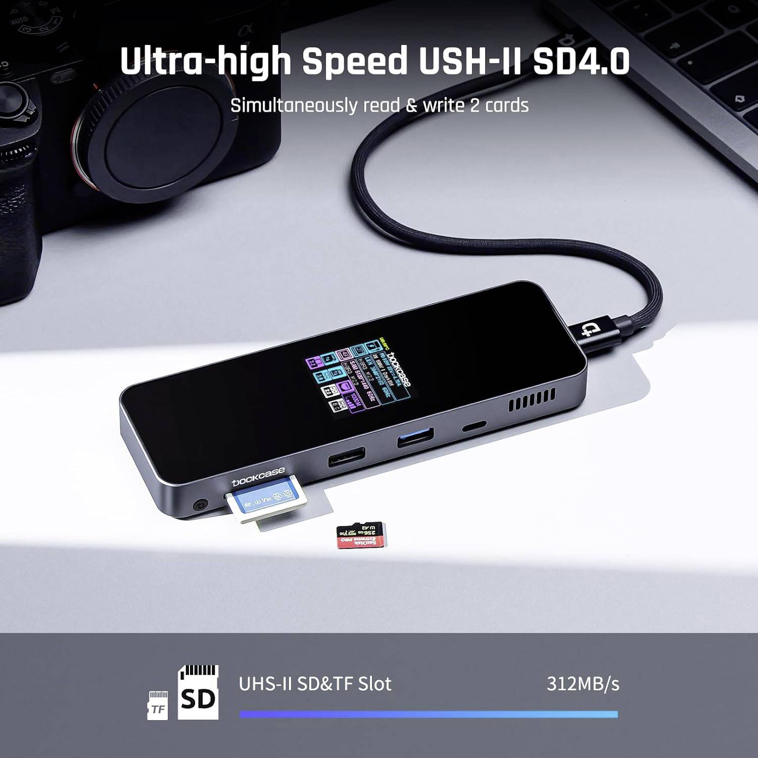 Wieloportowy hub USB leży na stole. Jest podłączony do aparatu fotograficznego, a obok niego widać kartę SD.