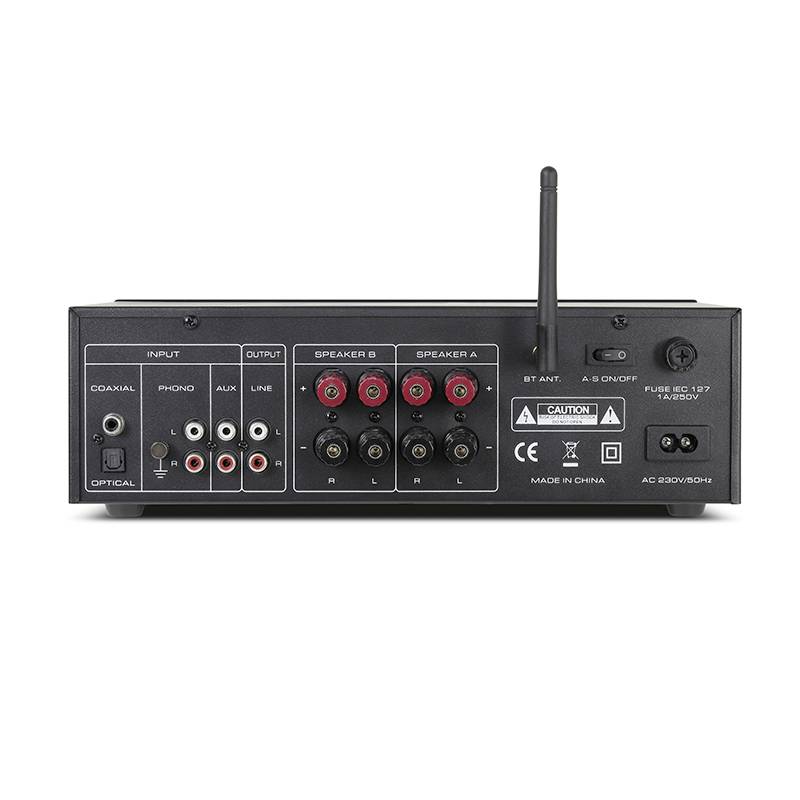 Tylna ściana wzmacniacza z gniazdami: koaksjalny, optyczny, phono, AUX, liniowy, wyjście, głośniki A/B. Antena po prawej stronie.