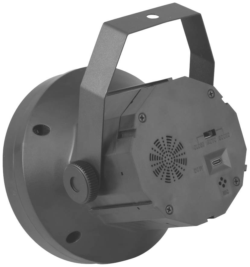 Czarna sceniczna lampa LED z uchwytem montażowym i wentylatorem chłodzącym z tyłu.